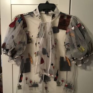 Beautiful sheer blouse with puffy sleeves, embroidered details tribute to Paris!